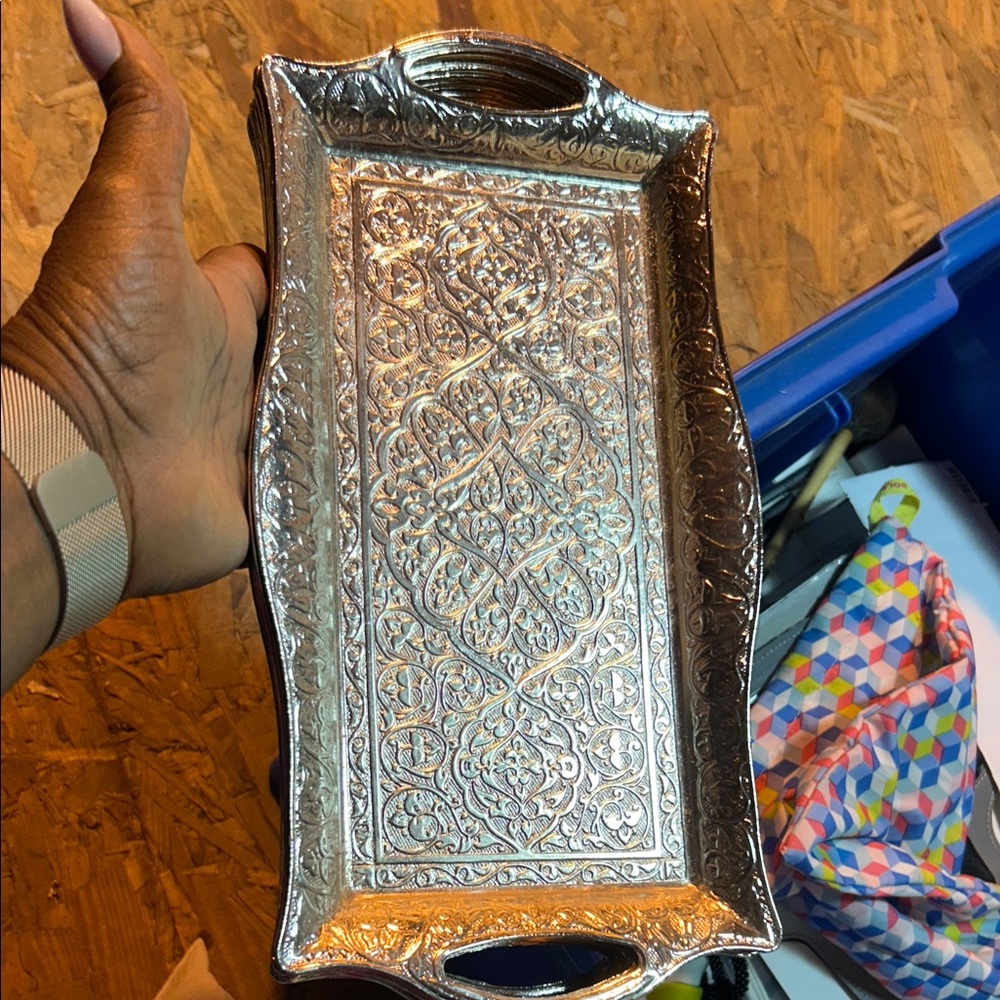 TURKISH Metal Serving Tray with Raised Edges, Vintage Design, Rectangular-SILVER